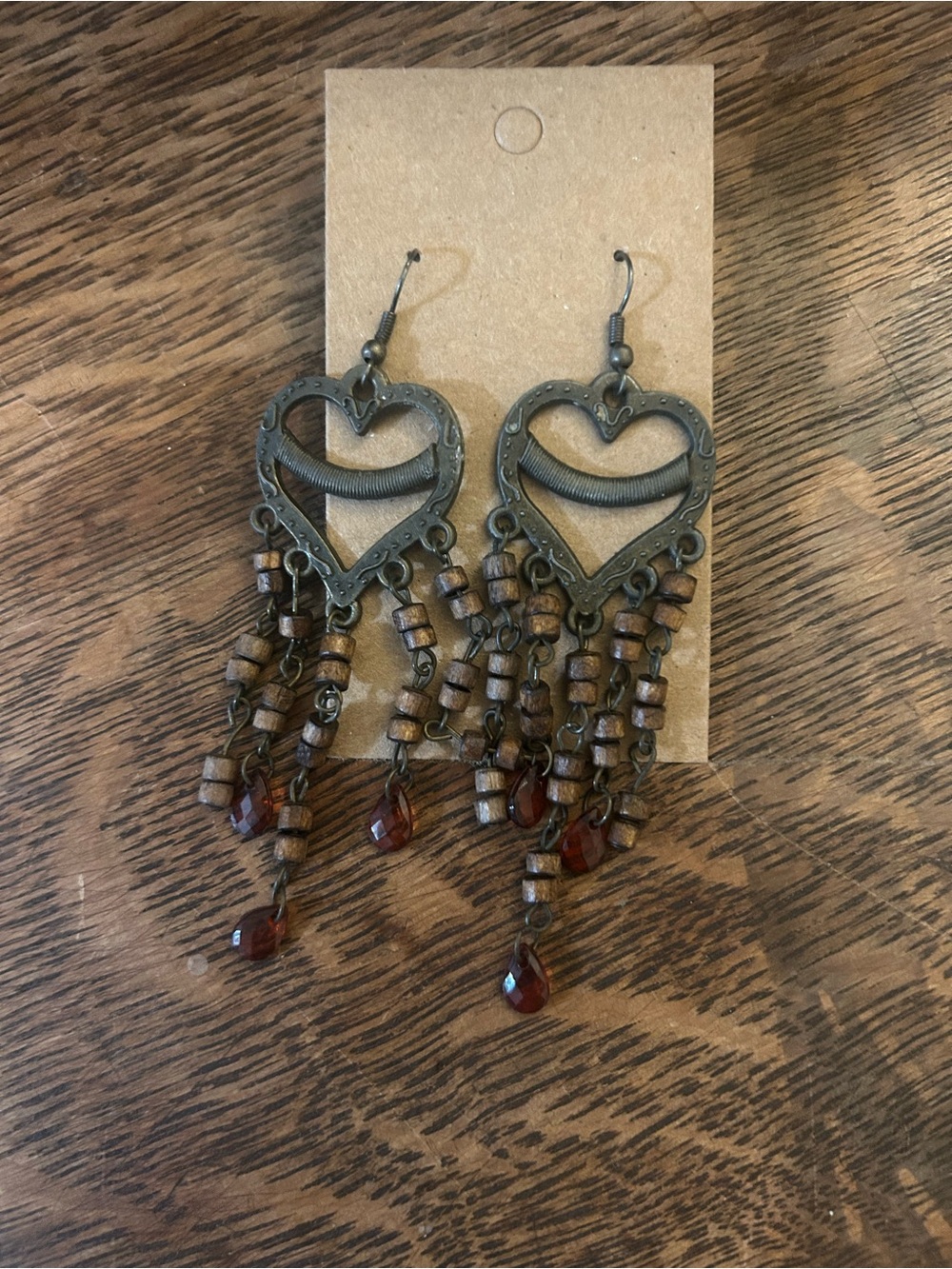 Vintage-Inspired Heart Dangle Earrings in Antique Bronze and Brown